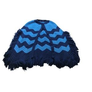 8142 women's blue hand knit chevron fringe shrug poncho one size